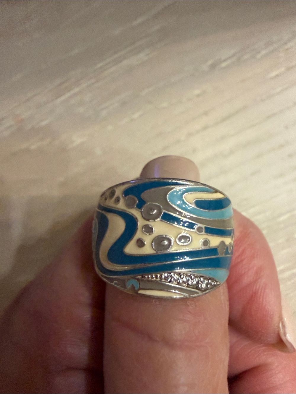 One of a kind the ocean tide blue and Cream Enamel Dome Ring with Silver Accents